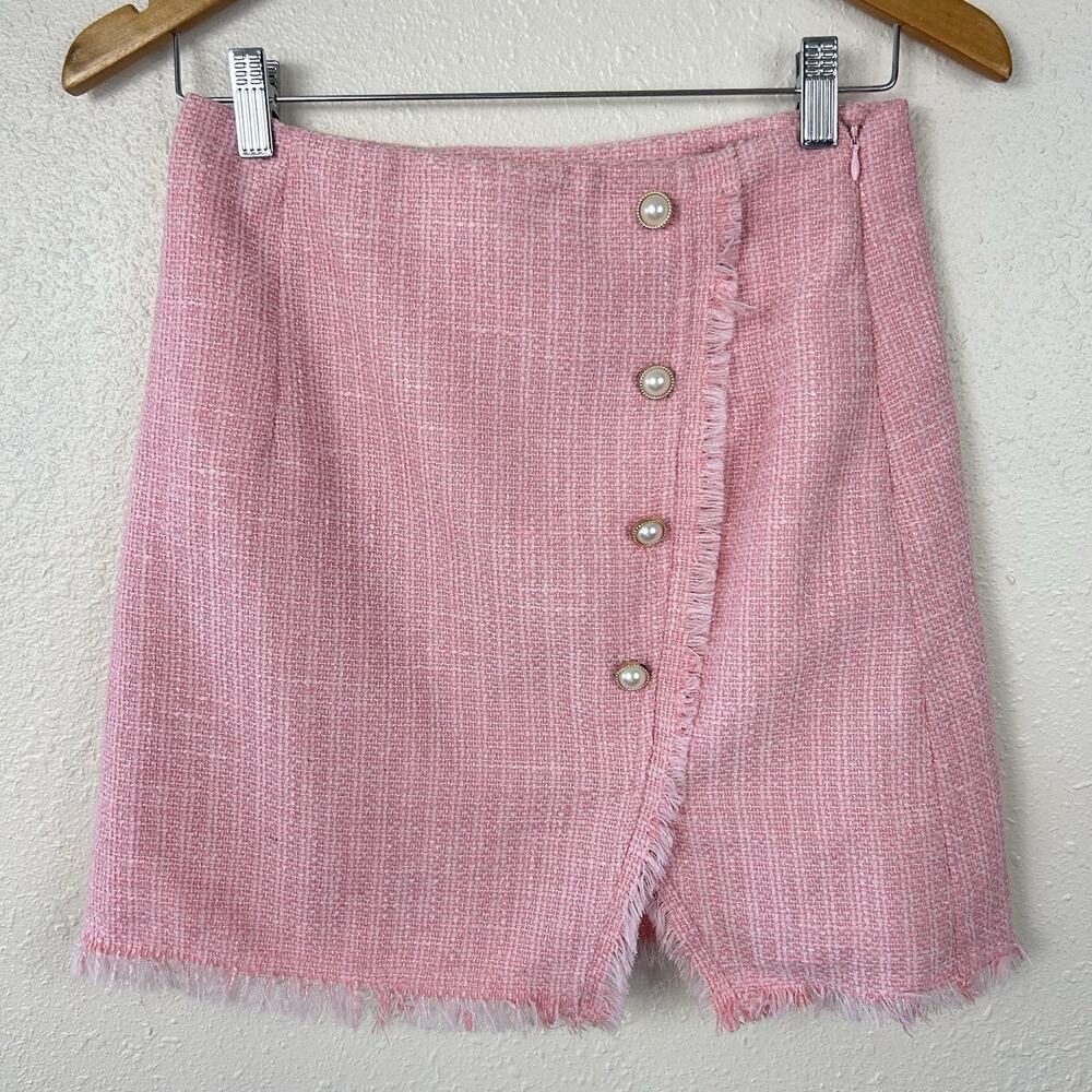 Pink Mini Skirt Tweed Preppy Small Francesca’s Blue Rain Raw Hem